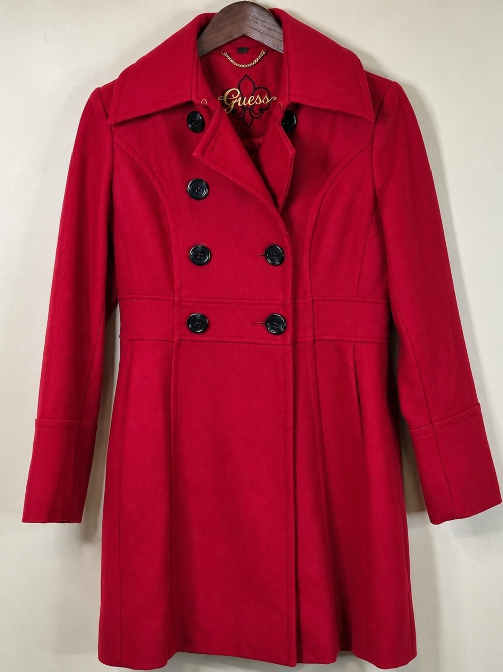 Guess M Red Wool Blend Double Breasted Fit Flare Princess Coat Peacoat Quiet Lux